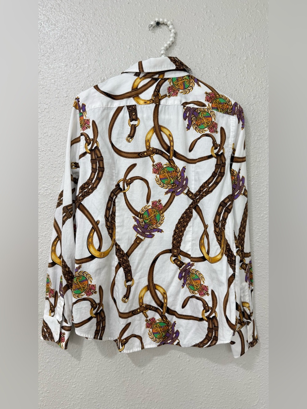Lauren Ralph Lauren Equestrian Horsebit Belt Print Cotton Shirt M Old Money - Picture 6 of 8